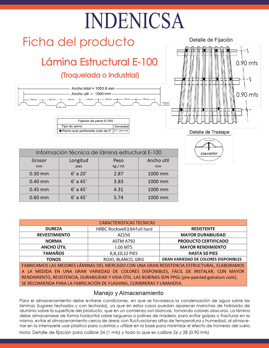 Lámina estructural prepintada mayor E-100